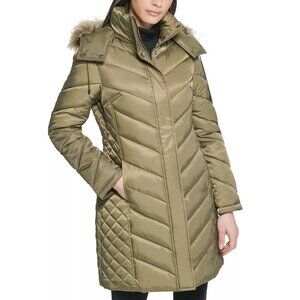 Kenneth Cole Petite Faux-Fur-Trim Hooded Puffer Coat Size PXX / 00 (MSRP $285)